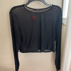 Black mesh long sleeve crop top